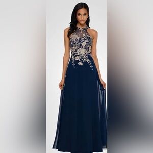 Betsy & Adam Navy Gown with Gold Floral Design